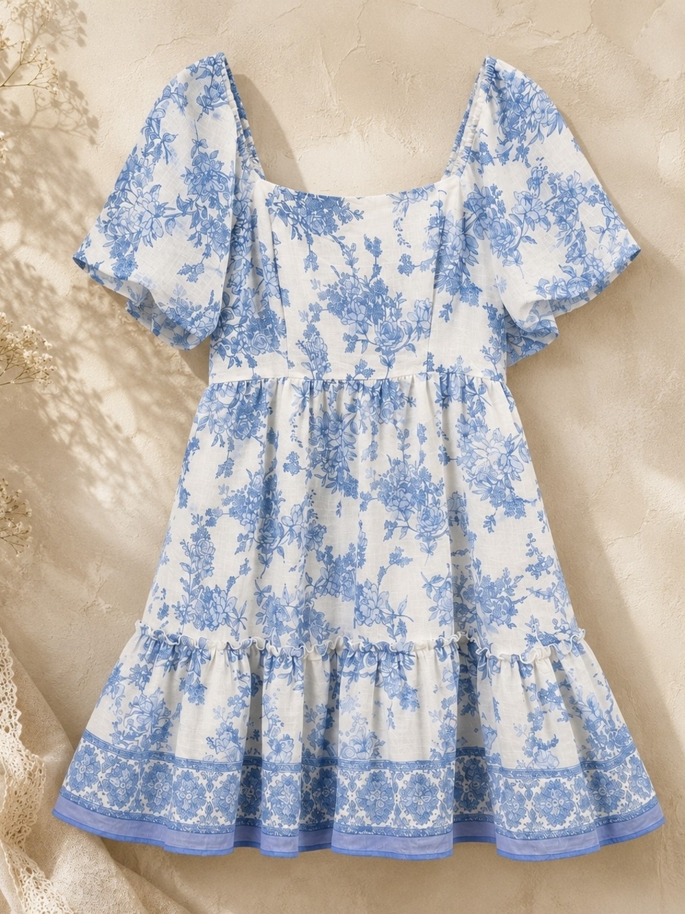 Pepper Cottagecore Blue Floral Toile Prairie Mini Dress M Puff Sleeve Lined